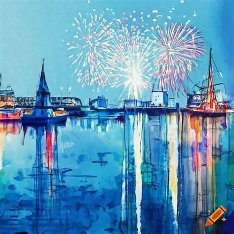 Baltic Harbor With New Year S Rockets In A Mixed Style Of Line Drawing