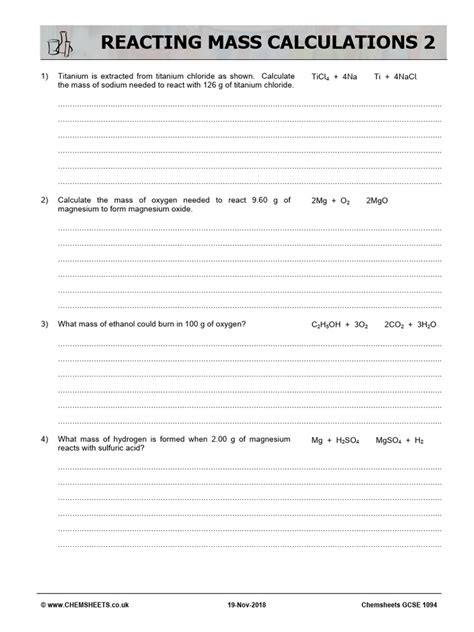 Chemsheets Gcse 1094 Reacting Mass Calculations 2 Pdf Molecules Chemistry