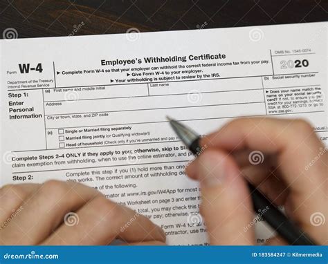 Usa Irs W 4 Employee`s Withholding Certificate Issued In 2020 Editorial