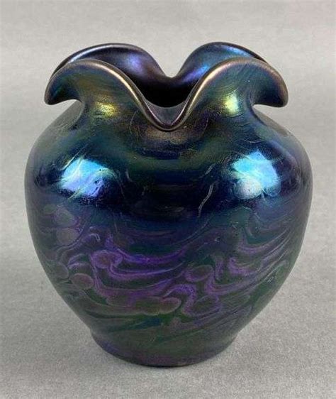 Blue Luster Iridescent Folded Rim Glass Vase Matthew Bullock Auctioneers