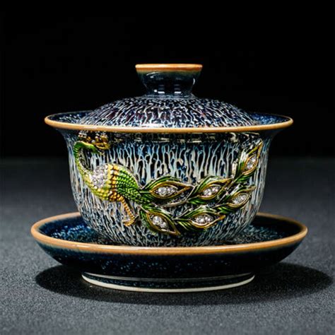 TianMu Glaze Porcelain Jianzhan Kiln Change Gaiwan Dragon Pheonix