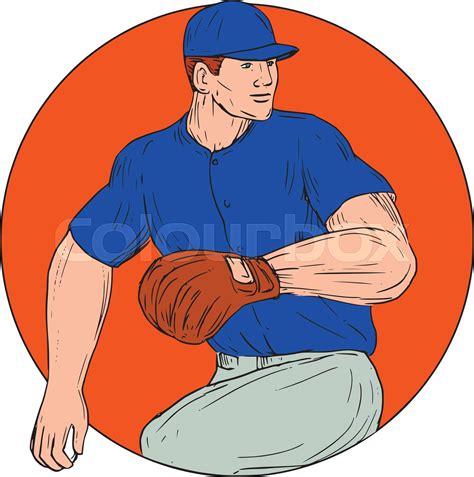 Baseball Pitcher Ready To Throw Ball Circle Drawing Stock Vector