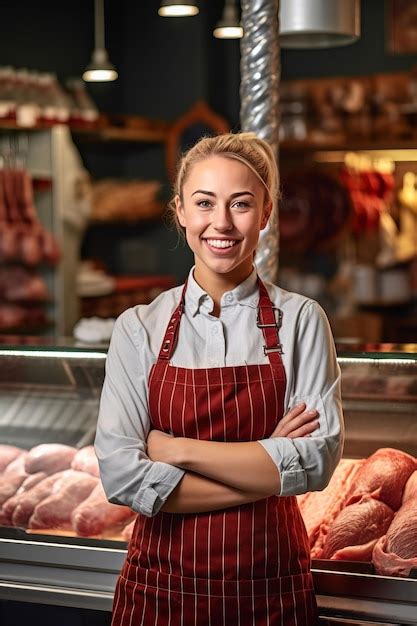 A Happy Female Butcher Standing With Arms Crossed In Modern Meat Shop