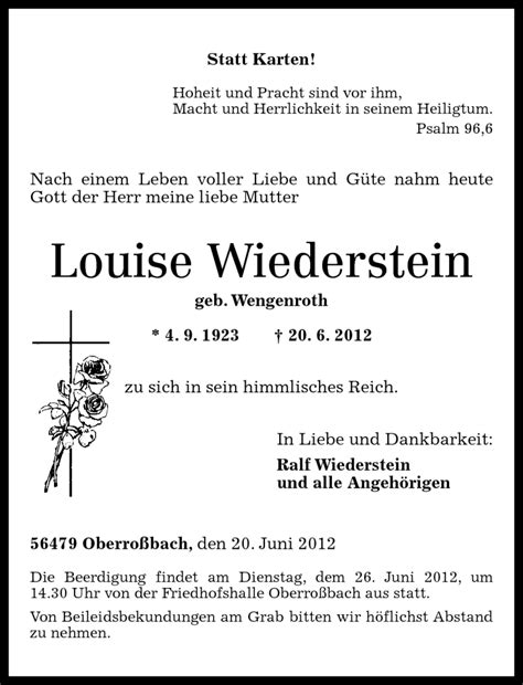 Traueranzeigen Von Louise Wiederstein Rz Trauer De