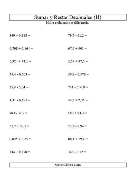 Punto Decimal Actividades Sexto Grado Pdf