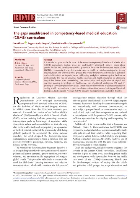 PDF The Gaps Unaddressed In Competency Based Medical Education CBME