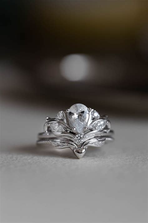 Pear Cut White Sapphire Engagement Ring White Gold Fantasy Ring With