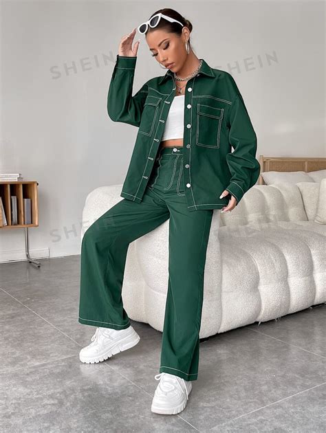 Shein Ezwear Contrast Binding Drop Shoulder Shirt Wide Leg Trousers