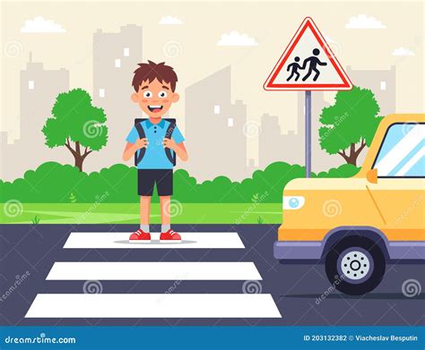 A Schoolboy Crosses the Road on a Zebra Crossing. Stock Vector - Illustration of outside, child ...