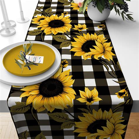 Sunflower Table Runner Autumn Table Runner Asbtract Leaf Print Kitchen Decor Checkered