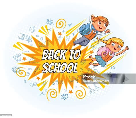 Superhero Kids Fly To School Explosion With Comic Style Stock