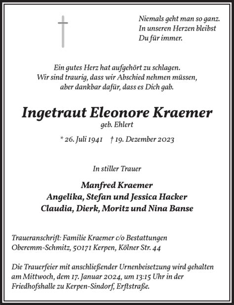 Traueranzeigen Von Ingetraut Eleonore Kraemer WirTrauern