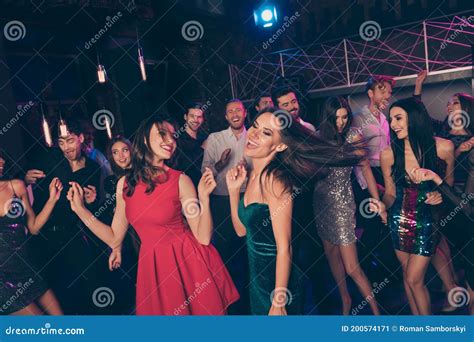 Attractive Chic Glad Smart Elegant Cheerful Friends Dancing Having Fun