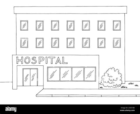 Hospital building front view graphic black white sketch illustration ...