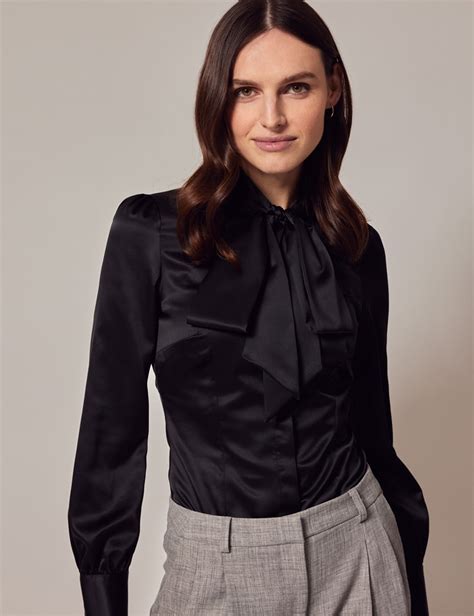 Womens Black Fitted Satin Blouse Pussy Bow