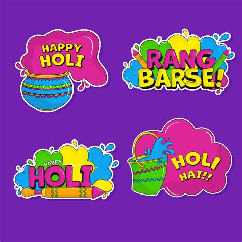 Sticker Style Holi Festival Quotes Collection Against Purple Background ...