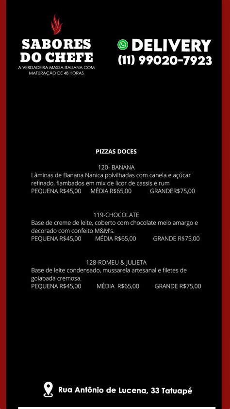 Menu Em Pizzaria Sabores Do Chefe Tatuap S O Paulo