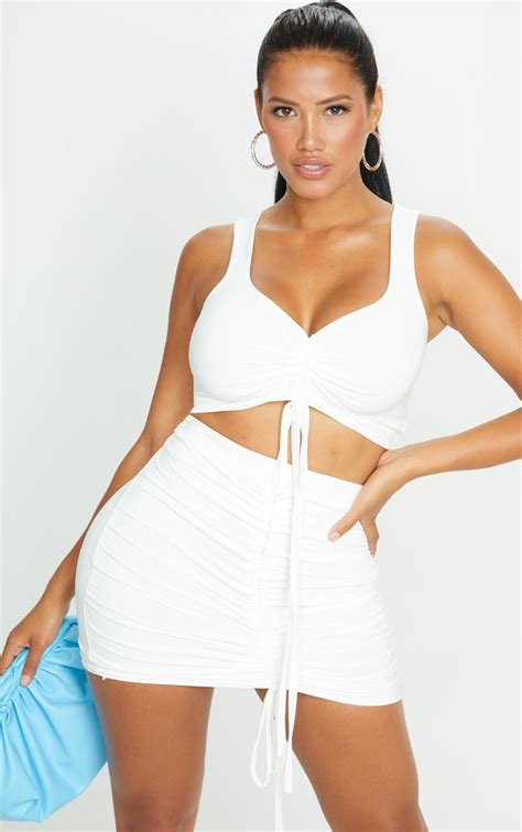 Shape White Slinky Strappy Ruched Front Crop Top Prettylittlething