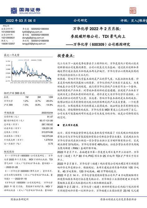 公司跟踪研究：万华化学2022年2月月报：参股碳纤维公司，tdi景气向上 洞见研报 行业报告