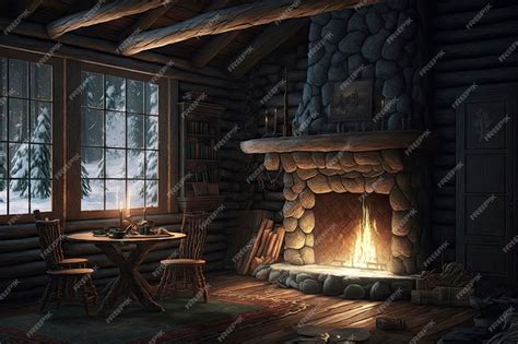 Premium Photo | Cozy Winter Cabin Interior with Fireplace