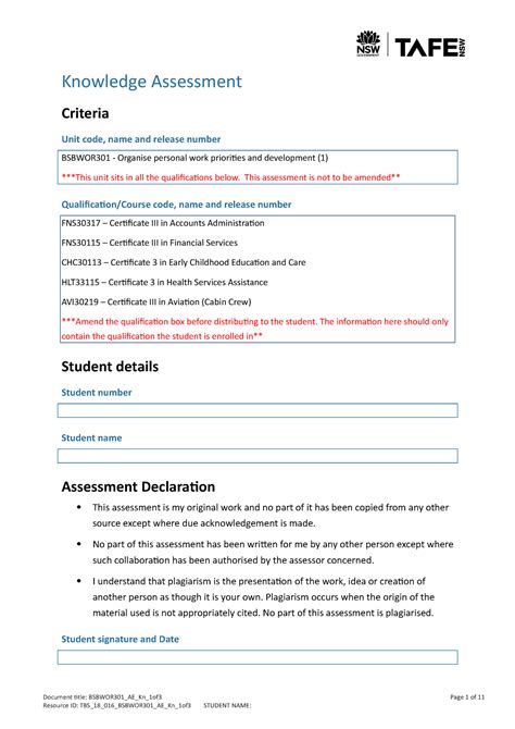 Bsbwor 301 AE Kn 1of3 Knowledge Assessment Criteria Unit Code Name