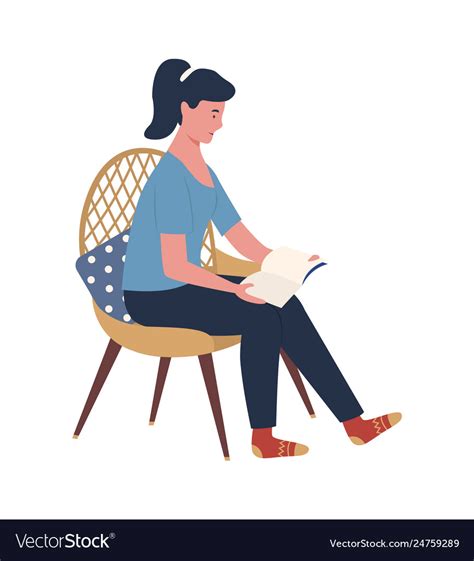 Woman Reading Hardcover Book Sitting On Chair Vector Image