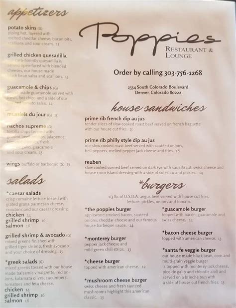 Menu Of Poppies Restaurant In Denver Co 80222