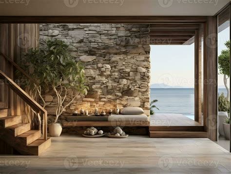 The coastal interior design of the modern entrance hall with stone ...