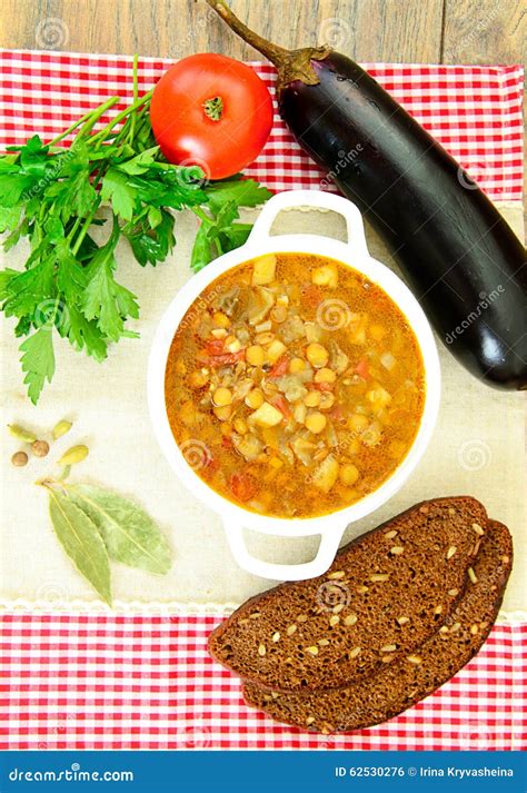 Lentil Soup With Eggplant Tomatoes And Onions Stock Photo Image Of