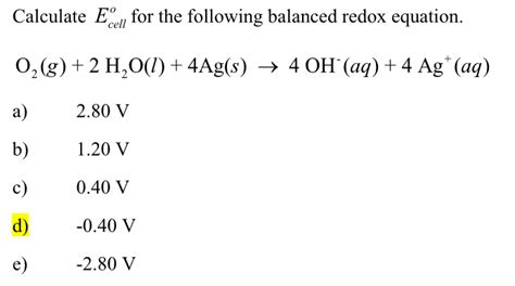 Solved Calculate Ecell O For The Following Balanced Redox Chegg