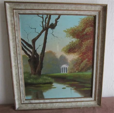 Tableau Ancien Huile Sur Panneau Paysage Arbre Monument Riviere