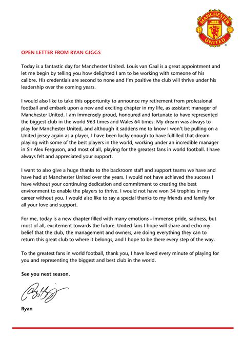 PICTURE: Ryan Giggs' open letter to Manchester United fans - Old ...