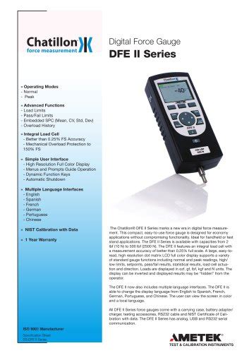 Chatillon DFE II Dinamómetro digital AMETEK Sensors Test