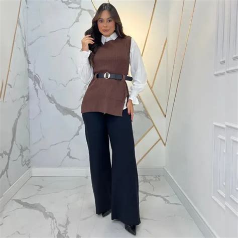 Blusa Social Com Colete - Conjunto Feminino Blusa Social+ Colete Tricô + Cinto Inverno | Frete grátis
