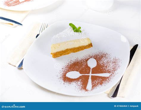 Decorative Plating And Presentation Of Cheesecake Stock Photo Image