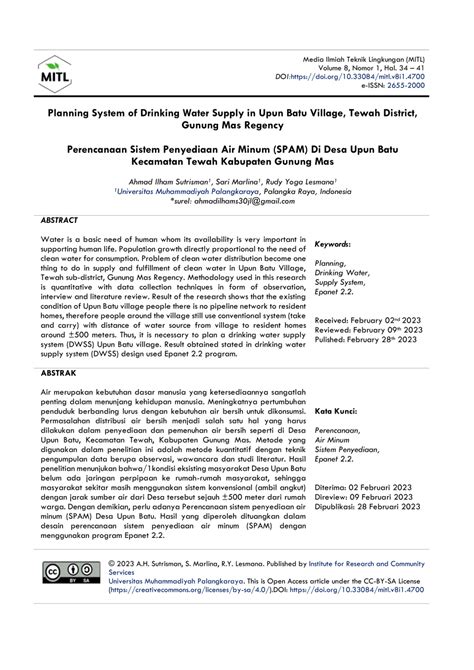 PDF Perencanaan Sistem Penyediaan Air Minum SPAM Di Desa Upun Batu