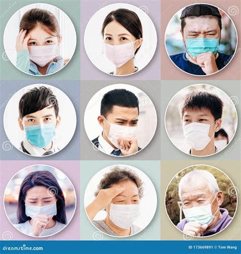 Collection of Different People Suffer from Cough and Wear Face Mask