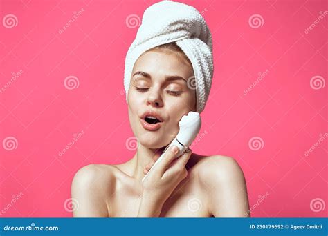 Woman With Towel On Head Naked Shoulders Facial Massage Stock Photo Image Of Instrument