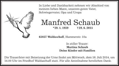 Traueranzeigen Von Manfred Schaub Trauer Op Online De