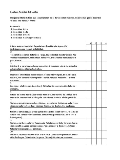 Formulario Para Calificar La Escala Hamilton De La Ansiedad