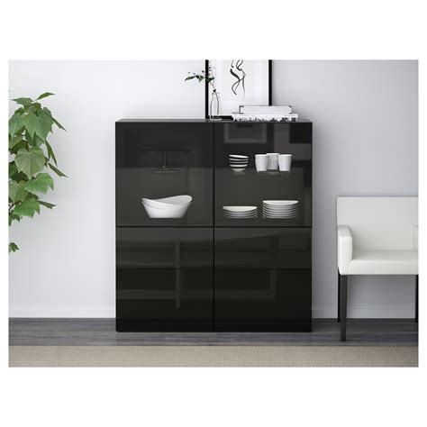 BestÅ Storage Combination W Glass Doors Black Brown Selsviken High Gloss Black Clear Glass