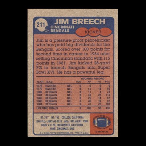 Jim Breech 1985 Topps Cincinnati Bengals 211 EBay