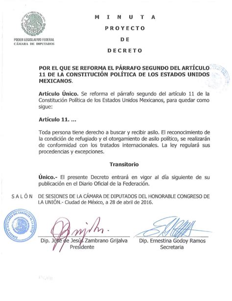 Minuta Proyecto De Decreto Por El Que Se Reforma El Párrafo Segundo Del Artículo 11 De La