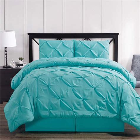 Aqua Blue Oxford Double Needle Luxury Soft Pinch Pleated Comforter Set Comforter Sets Teal