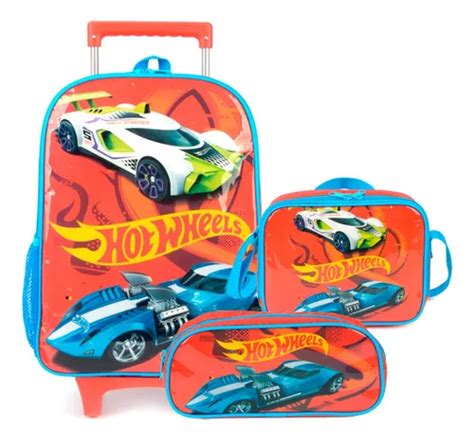 Kit Mochila Rodinhas Lancheira E Estojo Hot Wheels Carrinho Frete Gr Tis