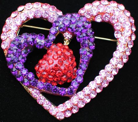 Pink Purple Red Rhinestones Happy Valentines Day Love Heart Pin Brooch