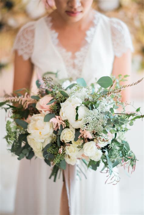 Bridal Bouquet Of Baby S Breath Garden Roses Astilbe And Greenery