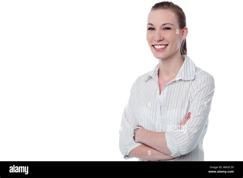 Smiling Corporate Woman Posing Isolated Over White Stock Photo Alamy