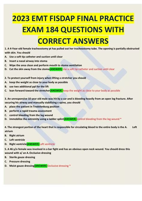 Emt Fisdap Final Practice Exam Questions With Correct Answers