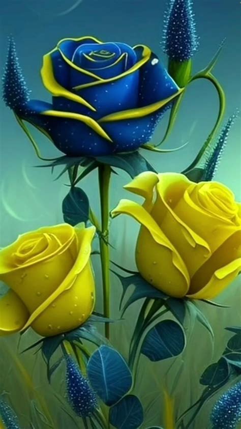 Beautiful Blue and Yellow Roses in the Grass